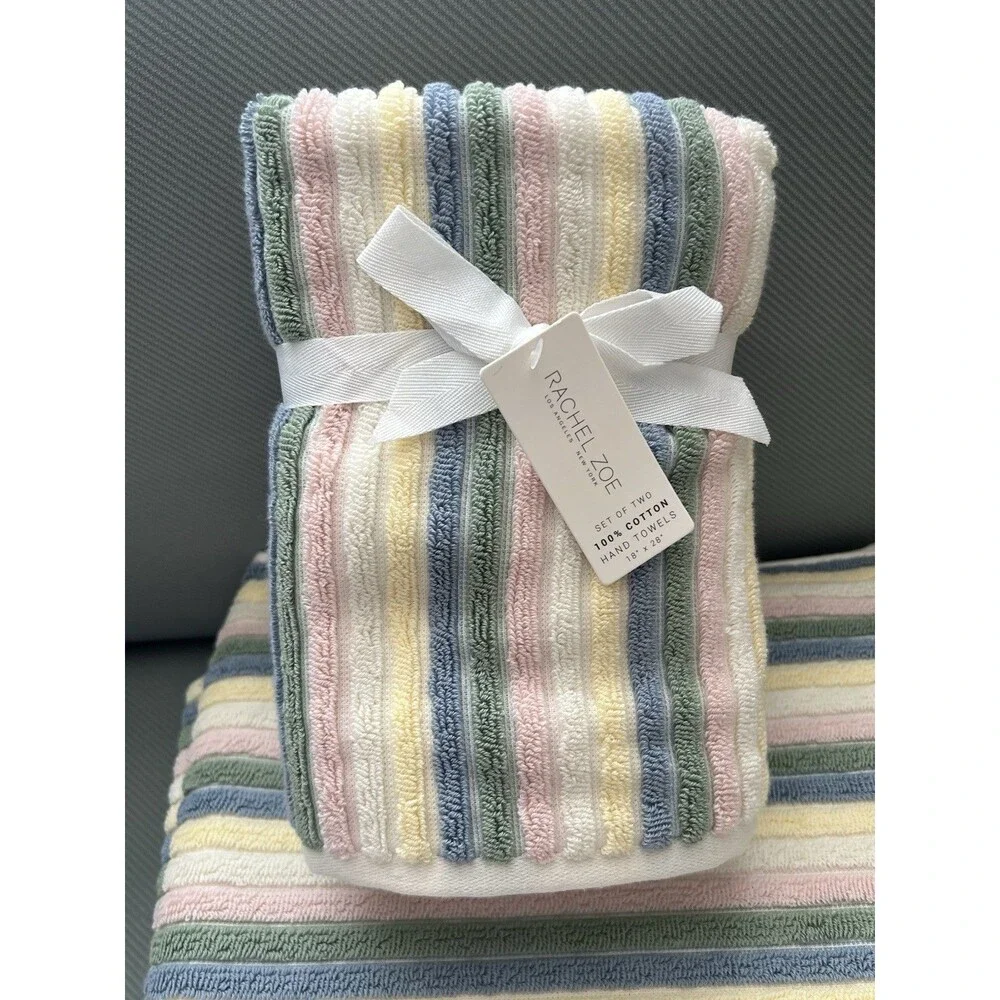 Rachel Zoe Pastel Rainbow Stripes 2 Bath 2 Hand Towels 4 pc Set 100% Cotton New